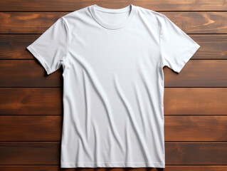 Aufkleber - A white t-shirt mockup laid flat on a wooden background, ideal for branding and design presentations, clean and simple layout. Generative AI
