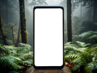 Poster - Smartphone mockup with a blank screen in a misty forest, on a natural background, for presentation design concepts. Generative AI