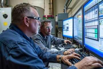 Poster - two engineers focused on computer screens, analyzing system performance in a factory setting, engine
