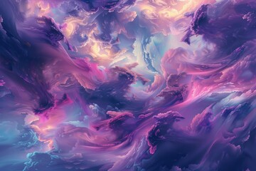 Sticker - Abstract painting featuring swirling clouds in shades of purple and pink, Ethereal clouds of magenta and indigo swirling with hints of neon yellow