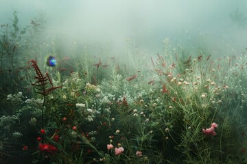 Canvas Print - A field of colorful flowers with fog lingering in the background, Ethereal landscapes infused with mystical medicinal herbs