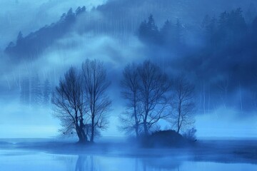 Canvas Print - A blue misty lake with tall trees in the background, Ethereal wisps of misty blue enveloping the scene