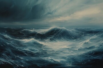 Wall Mural - An oil painting depicting powerful waves crashing against dark, turbulent skies in a stormy ocean, Evoking a sense of vastness and wonder