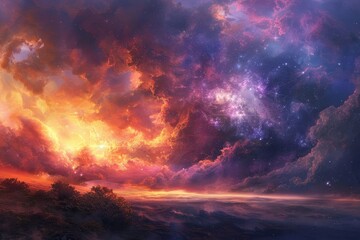 Wall Mural - painting depicting a cloudy sky filled with stars, capturing a sense of vastness and wonder, evoking