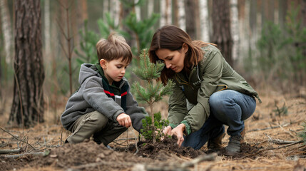 Mother and son planting a tree together in the forest. 