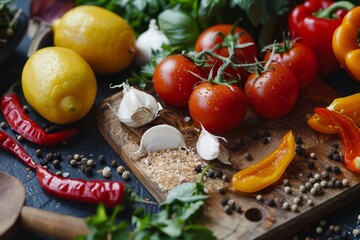 Wall Mural - Various fresh vegetables and spices arranged neatly on a cutting board, Exotic ingredients and unique flavor combinations