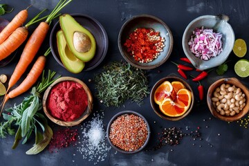 Wall Mural - Colorful vegetables and aromatic spices displayed in bowls on a dark surface, Exotic ingredients and unique flavor combinations