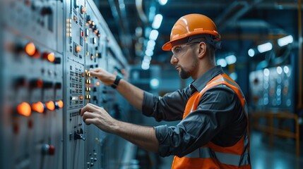 Poster - Engineer interacts with a control panel in a modern industrial setting. The engineer is wearing a hard hat and safety glasses and appears focused on the task at hand.