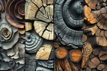 Poster - Various wood pieces with different shapes and colors arranged together, Experiment with different shapes and patterns to mimic the appearance of grain in nature