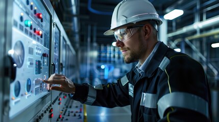 Poster - Engineer interacts with a control panel in a modern industrial setting. The engineer is wearing a hard hat and safety glasses and appears focused on the task at hand.