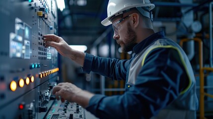 Poster - engineer interacts with a control panel in a modern industrial setting. the engineer is wearing a ha