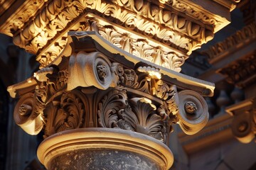 Canvas Print - Close-up view of a detailed ornate column in a building, showcasing intricate design and craftsmanship, Experiment with lighting effects to showcase the intricate carvings on a Corinthian capital