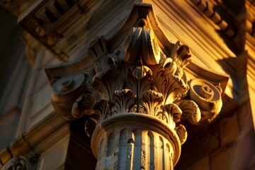 Canvas Print - Detailed view of a decorative column on a building, showcasing intricate design and architectural details, Experiment with lighting effects to showcase the intricate carvings on a Corinthian capital