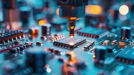 Poster - Component Installation and Quality Control of Circuit Board. Fully Automated PCB Assembly Line Equipped with High Precision Robot Arms at Electronics Factory. copy space for text.