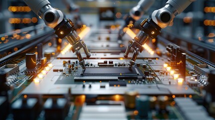 Poster - Component Installation and Quality Control of Circuit Board. Fully Automated PCB Assembly Line Equipped with High Precision Robot Arms at Electronics Factory. copy space for text.