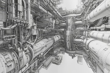 Poster - Detailed black and white drawing featuring a complex network of interconnected pipes and tubes, Experimenting with perspective and depth to convey the complexity of mechanical structures