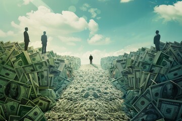 Sticker - A man stands in front of a large pile of money, showcasing economic inequality, Explore the concept of economic inequality through contrasting imagery