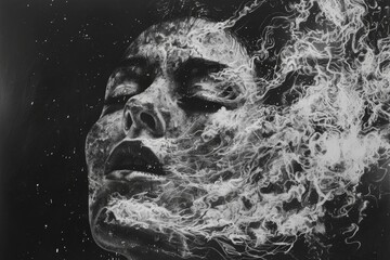 Poster - A monochrome illustration showcasing the intricate features of a womans face, capturing the essence of her expression, Explore the gritty texture of noise in your art
