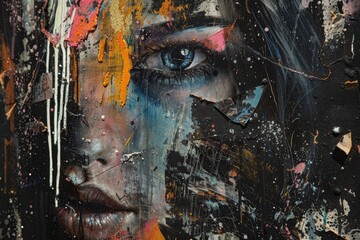 Poster - A painting depicting a woman with colorful paint smudges on her face, Explore the gritty texture of noise in your art