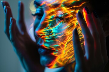 Poster - A womans face lit up by vibrant, colorful lights, creating a mesmerizing visual effect, Explore the idea of remote access and collaboration through dynamic AI-generated artwork