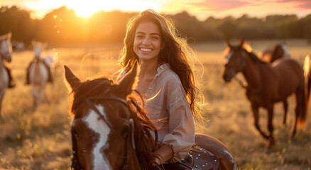 Wall Mural - A beautiful woman with long hair and a hat smiling at the camera while riding on horseback in an open field of grass