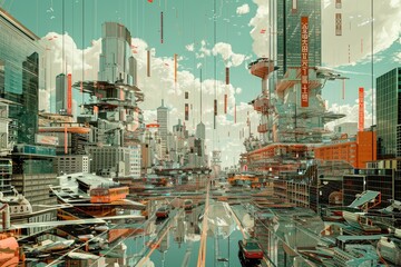 Poster - The Futuristic Cityscape, Explore the relationship between inflation and consumerism in a futuristic cityscape