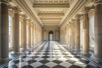Aufkleber - a hallway with neoclassical columns and a checkered floor showcasing symmetry and balance, explore t