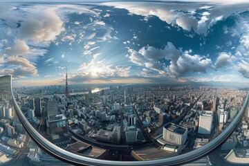 Sticker - The city of Tokyo captured through a fish eye lens, showcasing its everchanging skyline, Explore the vast, ever-changing skyline of Tokyo from various perspectives and angles