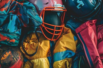 A collection of sports equipment, including a helmet and a jacket, arranged in a vibrant display, Explore the vibrant colors and patterns of team uniforms and equipment