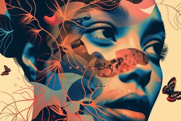 Poster - A womans face featuring intricate designs of butterflies and flowers, creating a unique and artistic look, Exploring the beauty of imperfections in a digital illustration
