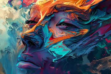 Poster - an abstract painting depicting the features of a womans face with bold brush strokes and vibrant col