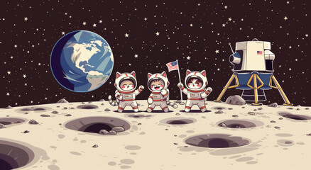 Poster - Three cute animated cats landing on the moon