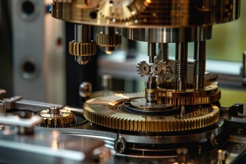 Poster - A detailed close-up of a machine composed of various gears fitting and turning together in intricate precision, Exploring the intricacies of precision engineering through visual forms