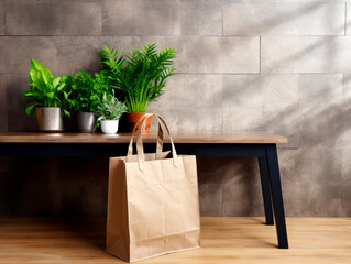 Wall Mural - Paper bag on wooden floor near a bench with potted plants, photorealistic image on a textured wall background, branding mockup. Generative AI