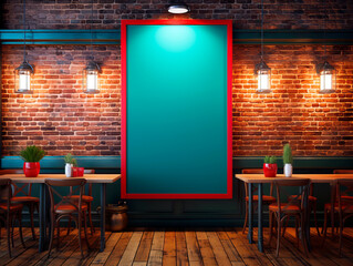 Aufkleber - A poster mockup with a teal center and red border in a stylish cafe with brick wall backdrop, concept of branding presentation. Generative AI