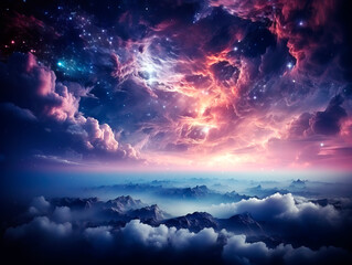 Poster - A surreal landscape with mountains beneath a cosmic sky filled with stars and nebulae on a dark background, expressing a fantasy concept. Generative AI
