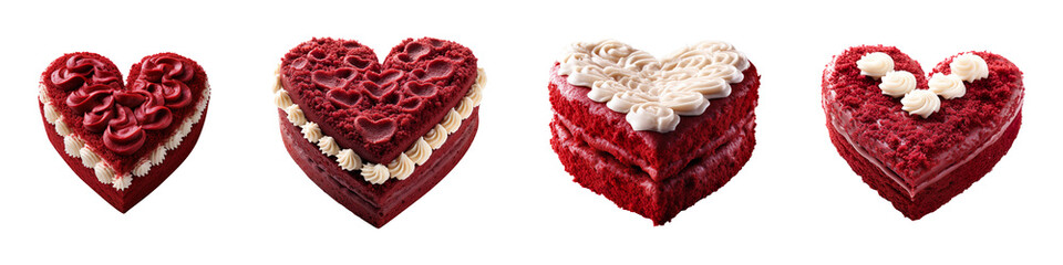 Poster - Collection of heart shape red velvet cakes isolated on transparent background