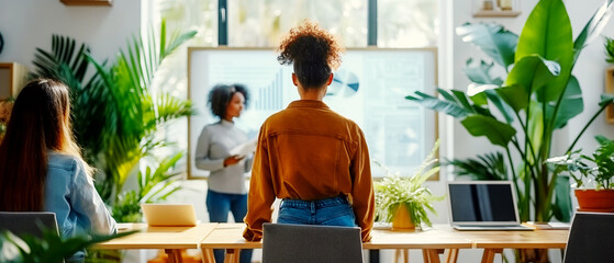 Aufkleber - People in a modern office during a presentation with a plant-filled background, showcasing a contemporary workplace concept. Generative AI