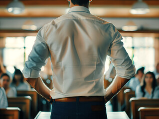 Poster - Male teacher standing in a classroom, seen from behind, facing students, concept of education and leadership, blurred classroom background. Generative AI