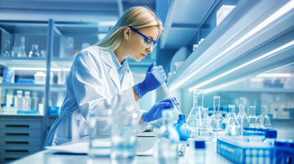 Poster - Scientist conducting research in a laboratory, realistic photo, bright white and blue background, concept of science. Generative AI