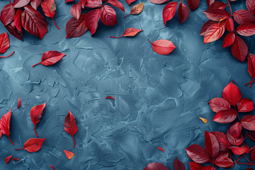 Poster - Autumn background with colored red leaves on blue slate background. Top view, copy space, 