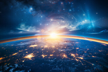 Poster - Panoramic view on planet Earth globe from space. Glowing city lights, light clouds. 