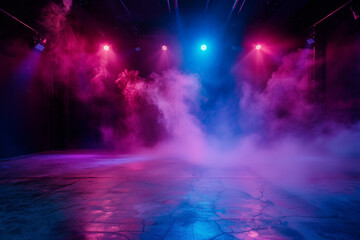 Poster - The dark stage shows, empty dark blue, purple, pink background, neon light, spotlights, The asphalt floor and studio room with smoke float up the interior texture for display products