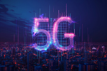 Poster - 5G wireless network, high speed internet, cloud computing or connect diagram technology, Data storage, service, synchronize, online, financial, Connectivity global, smart city, Gen by AI