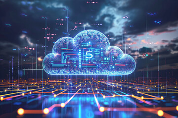 Poster - 5G wireless network, high speed internet, cloud computing or connect diagram technology, Data storage, service, synchronize, online, financial, Connectivity global, smart city, Gen by AI