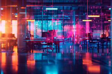 Aufkleber - Modern neon cyberpunk open space office interior blurred with information technology overlay. Corporate strategy for finance, operations, marketing. Tables with computers for work. Technology