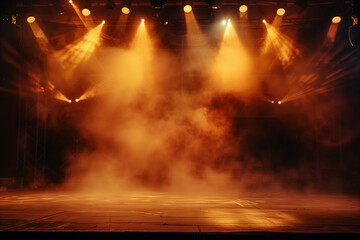 Poster - Empty concert stage with illuminated spotlights and smoke. Stage background with copy space