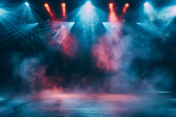 Poster - Empty concert stage with illuminated spotlights and smoke. Stage background with copy space