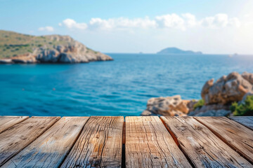 Poster - Wooden table on the background of the sea, island and the blue sky. High quality photo