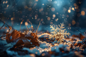 Poster - snowflake ice crystals snow falling on frozen ground and plants on a cold winter night